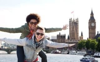 happy teenage couple having fun over london city