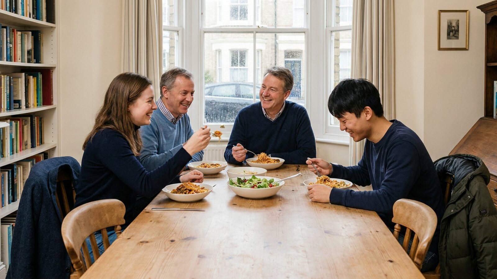 Host family and student sharing a meal in Cambridge