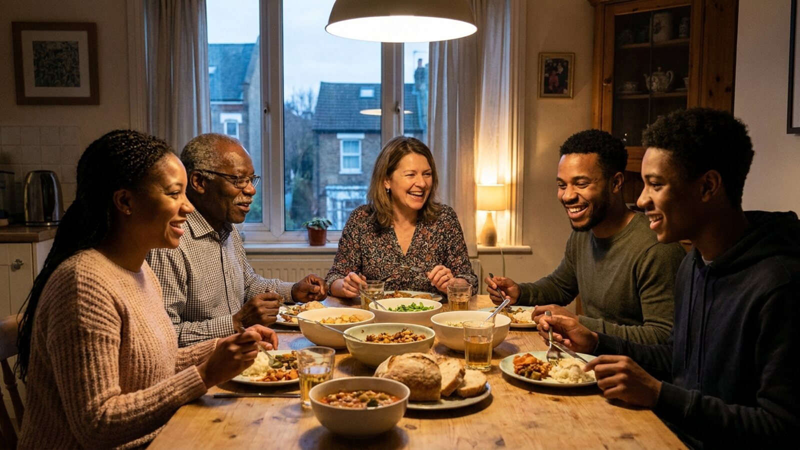 Host family and student sharing a meal in East London