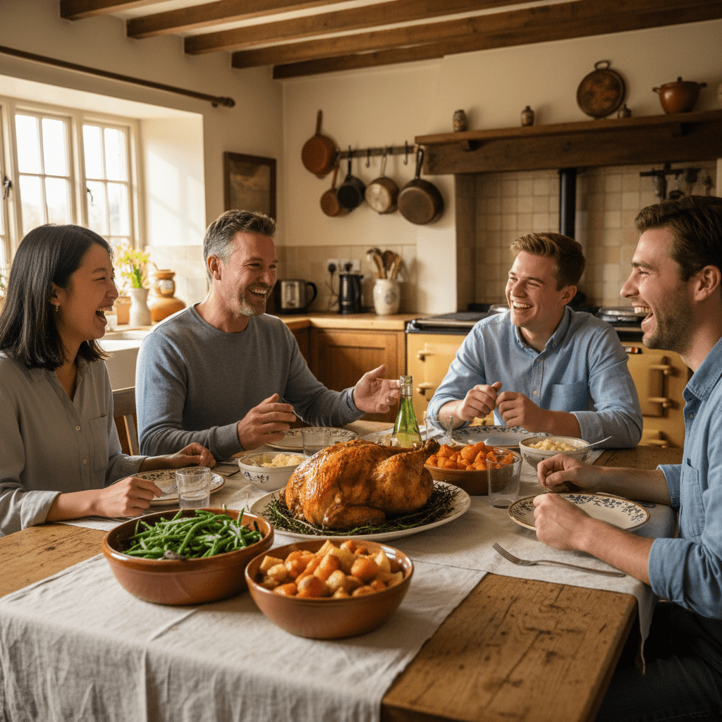 Host family sharing a home-cooked meal with international students