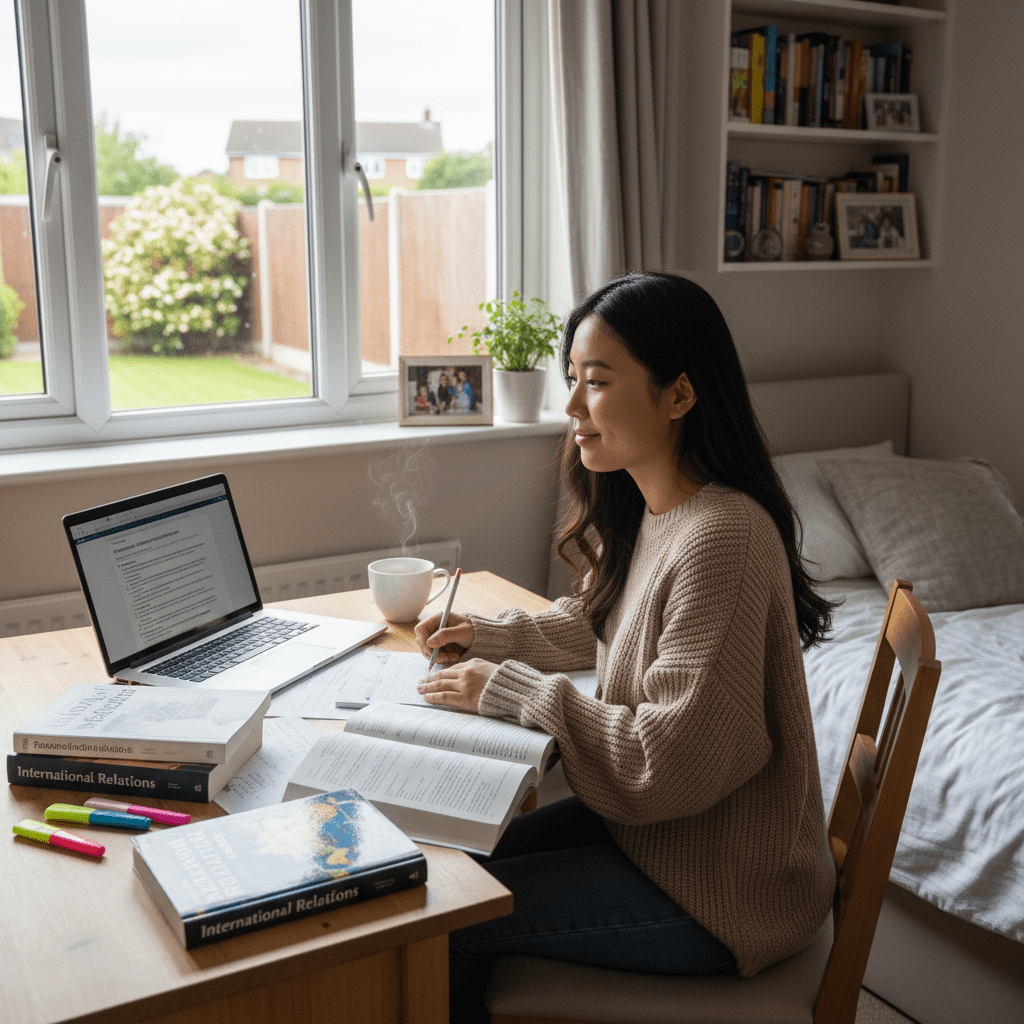 International student studying comfortably in a British home