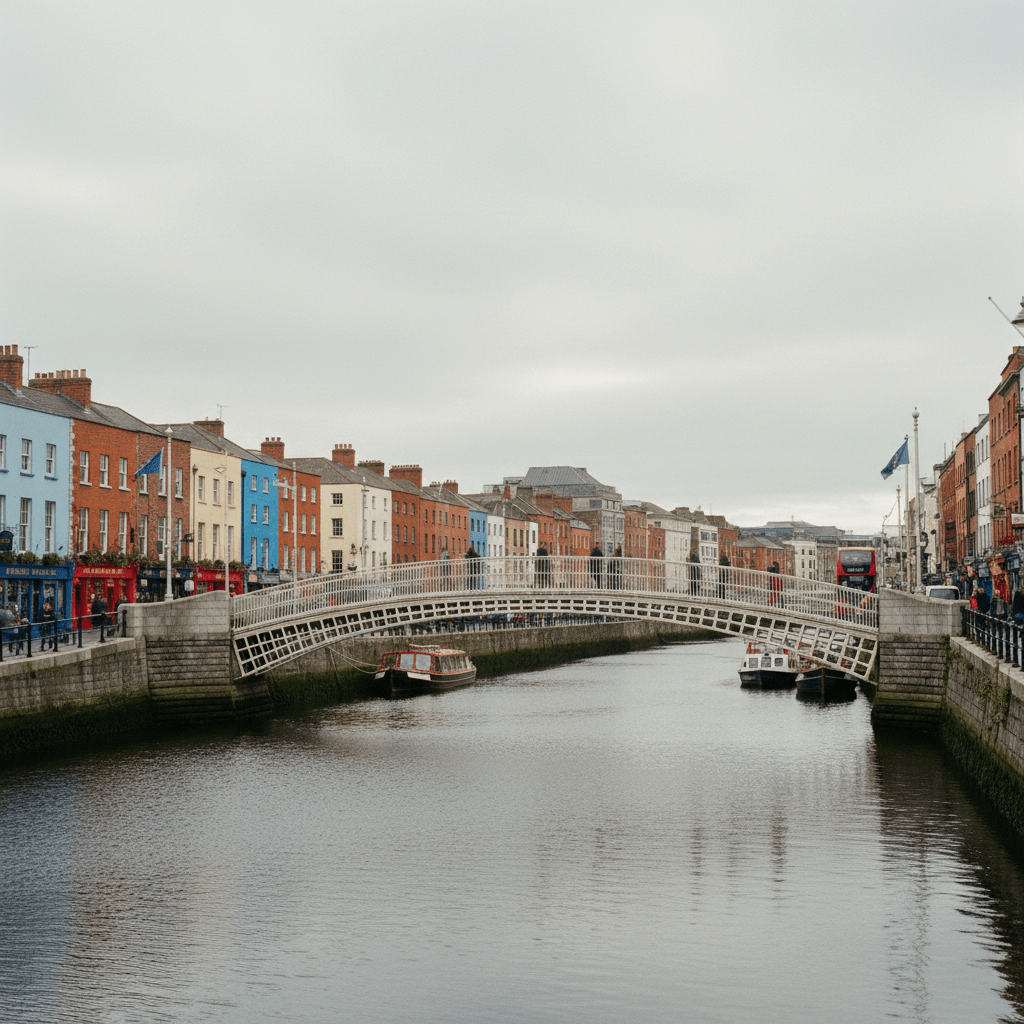 Dublin city view showing the Ha penny Bridge over the River Liffey