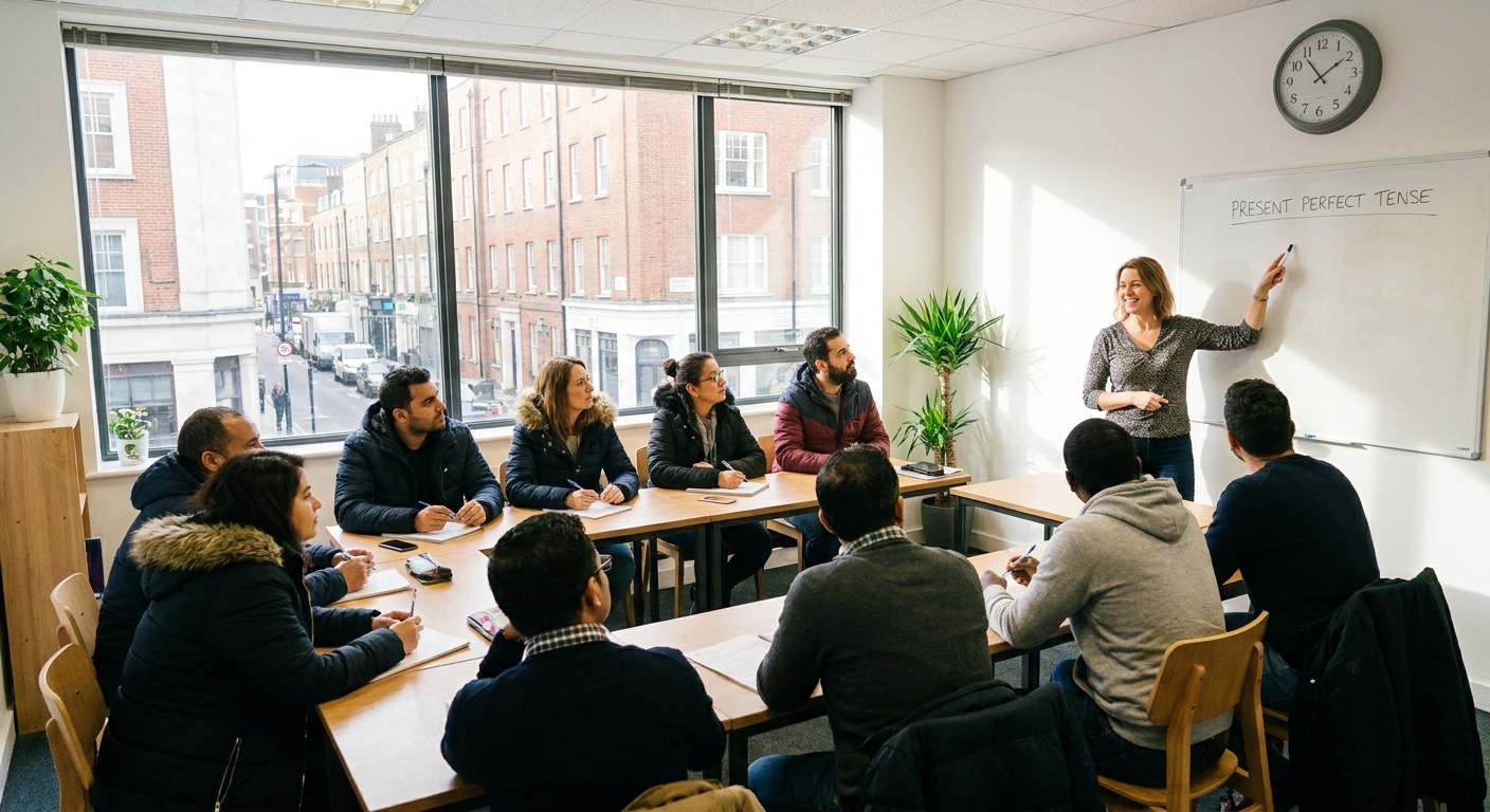 UK and international students studying in a London college classroom