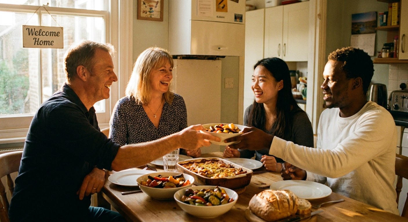 London host family sharing a home-cooked meal with students around a dining table
