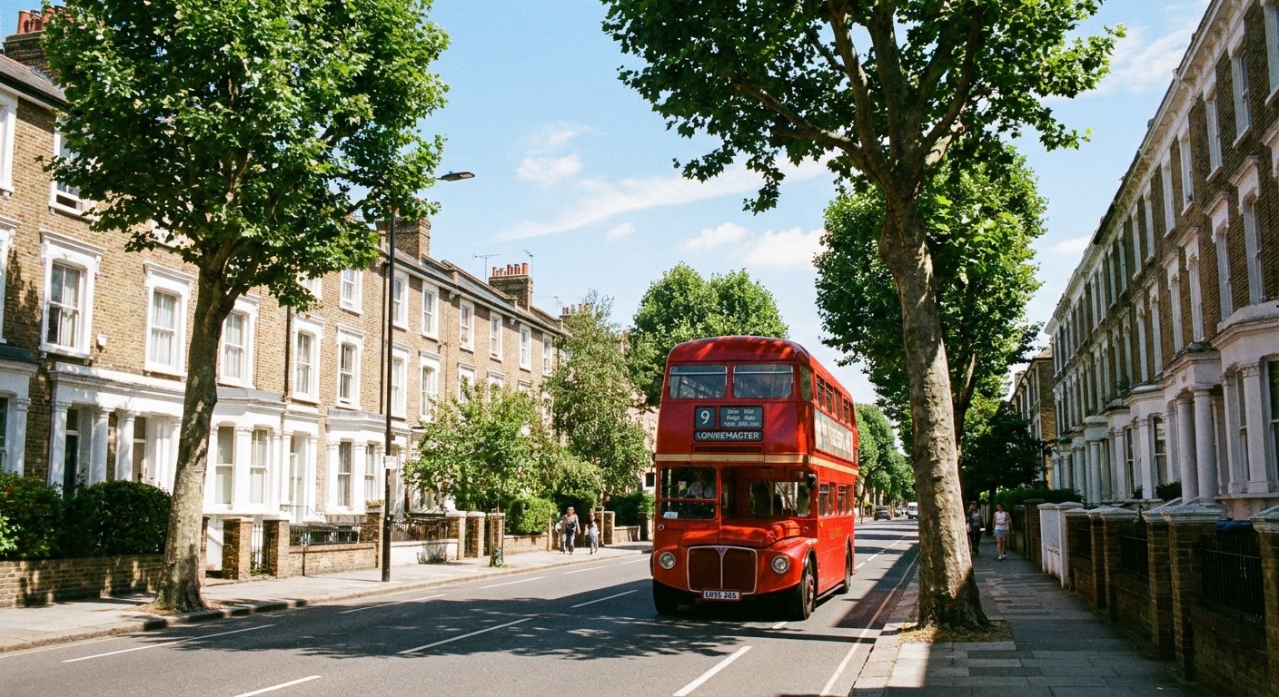 Red London bus on a leafy residential street with homestay accommodation