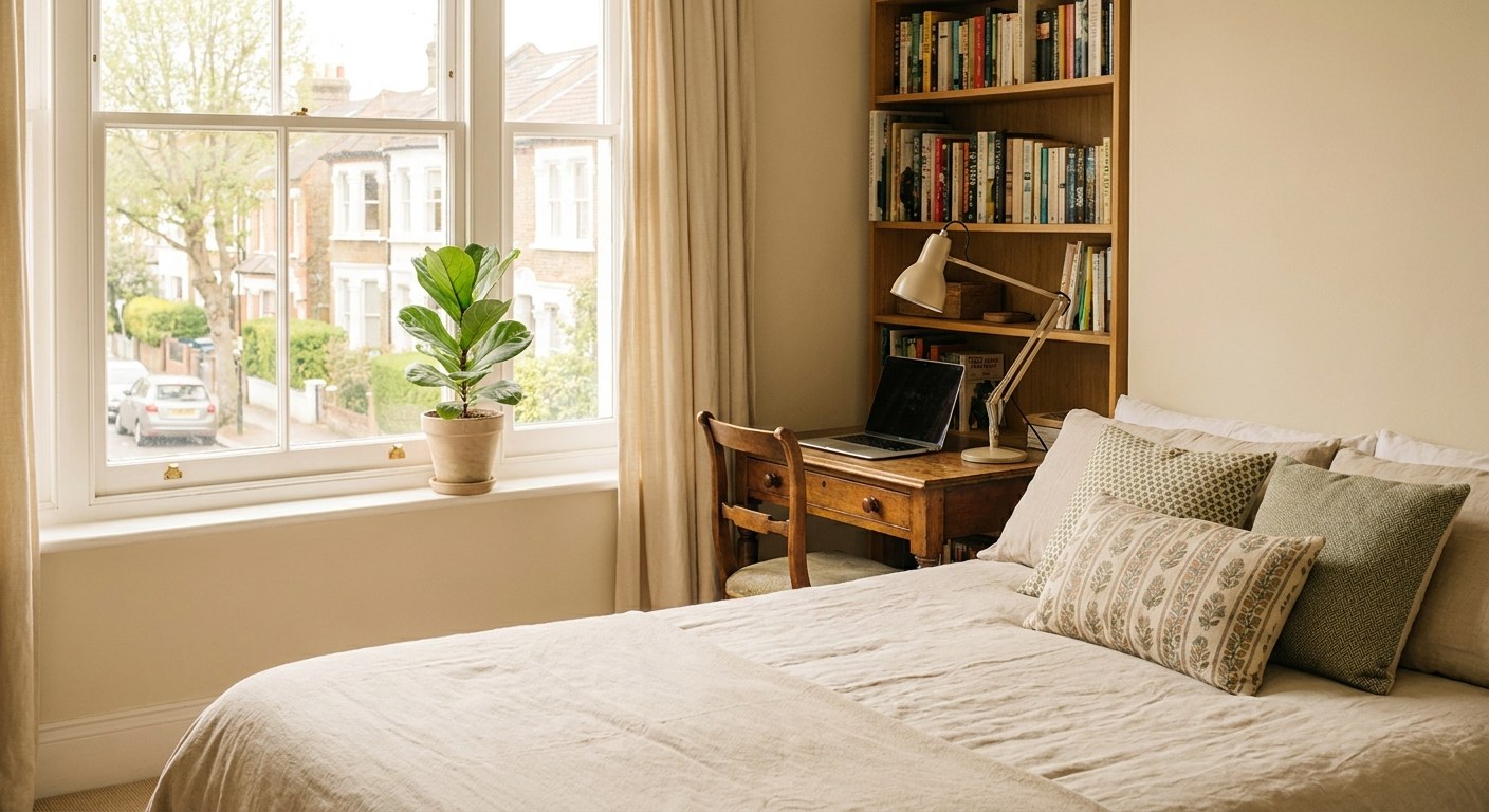 Comfortable private student bedroom in a London homestay with study desk and natural light